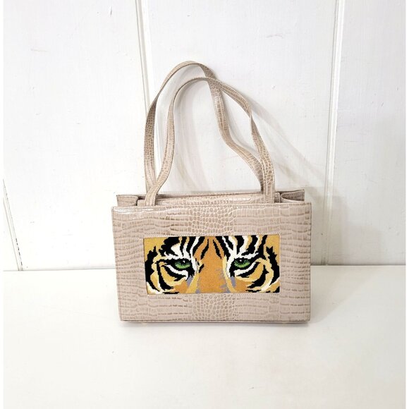 Tiger Needlepoint Faux Croc Beige Handbag Lee Needle Arts - Picture 1 of 9